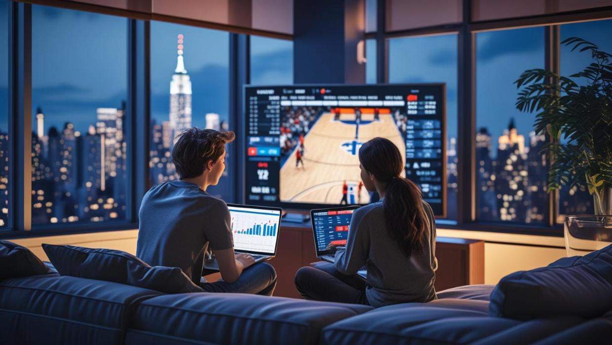 Two friends watch basketball in NYC apartment while tracking crypto gambling activity - The Role of Maxi Doge Token in Shaping Crypto-Friendly Gambling in New York