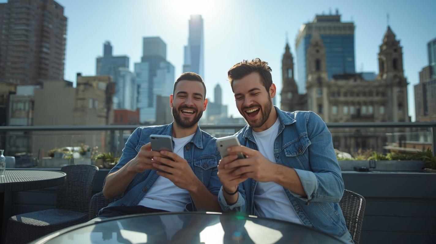 Two men enjoying coffee outdoors on a sunny New York rooftop smiling - New York Gamblers Explore Stake Casino Alternatives With Smart and Safe Choices
