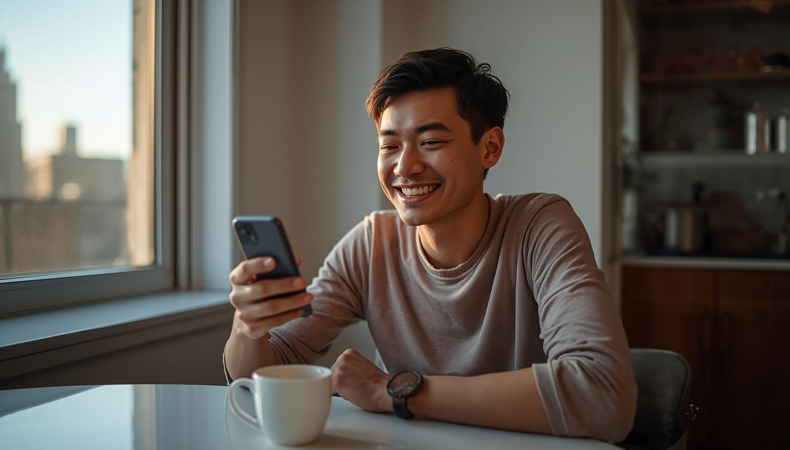 Man relaxes at home smiling while casually checking his phone contentedly - New York Gambling Fans, This Is How Winbox Earned Global Trust